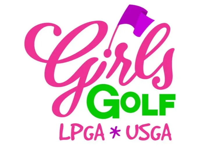 Logo with the words Girls Golf in pink and green, featuring a purple flag above the letter i, and LPGA * USGA written below in pink.