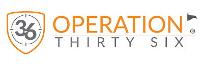 Logo for Operation 36, featuring a shield with 36 inside on the left, and Operation Thirty Six written in orange and gray text with a small flag icon on the right.