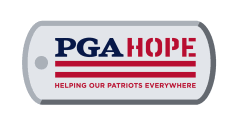 A gray dog tag with PGA HOPE in blue and red text above two red lines, and HELPING OUR PATRIOTS EVERYWHERE written underneath.
