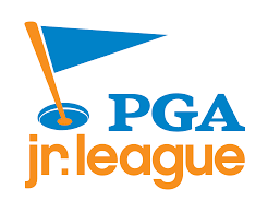 The image shows the PGA Jr. League logo, featuring a blue golf flag on an orange pole above a golf hole, with the blue text PGA and orange text jr. league below.