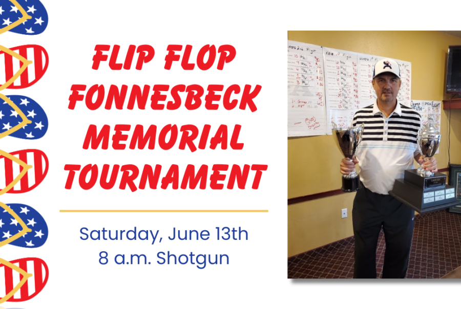 A man in a striped shirt and baseball cap holds two trophies. Text reads: Flip Flop Fonnesbeck Memorial Tournament. Saturday, June 13th, 8 a.m. Shotgun. Red, white, and blue flip flops decorate the left side.